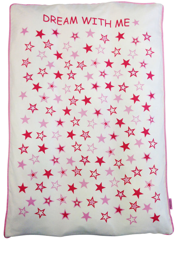 Dyne med sengetøj i hvid og lyserød med stjerner